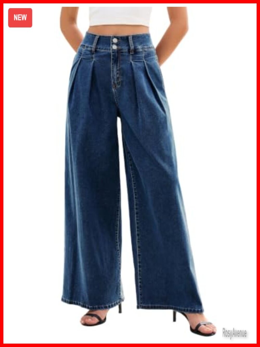 Baggy Wide Leg Pleated Jeans for Women Stretchy High Waisted Loose Fit